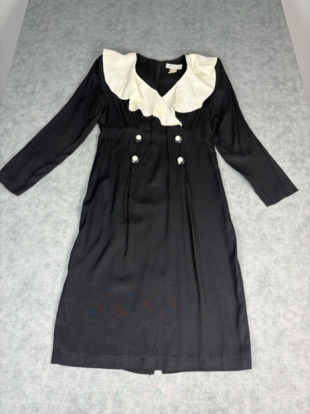 Impressions Black Long-Sleeve Dress with Cream Ruffle Collar made in USA